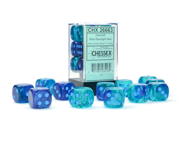 A close up of the Gemini Blue-Blue with light blue 16mm d6 set both in and out of the package.