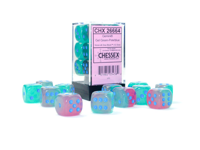 A close up of the Gemini Gel Green-Pink with blue 16mm d6 set on both in and out of the packaging.
