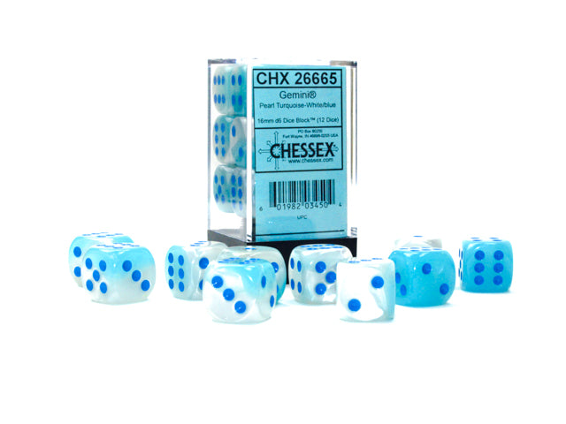 Close up of the Gemini Pearl Turquoise-White with blue 16mm d6 dice set on a white background. 
