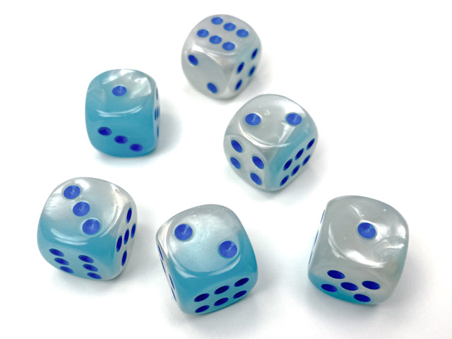 Close up of the Gemini Pearl Turquoise-White with blue 16mm d6 dice set on a white background. 
