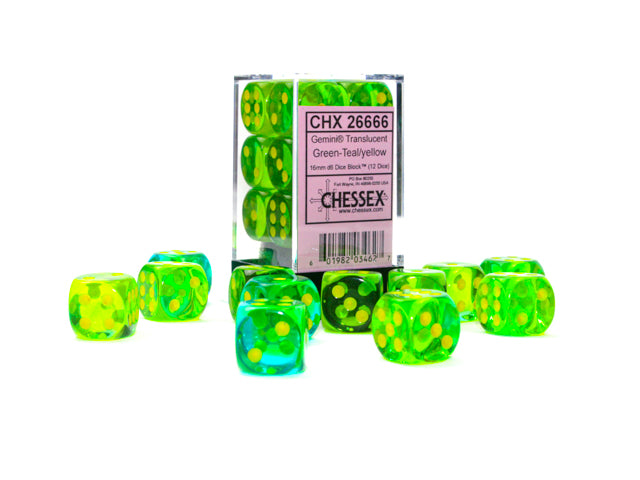 A close up of the Gemini Translucent Green-Teal with yellow 16mm d6 on a white background in and out of the packaging.