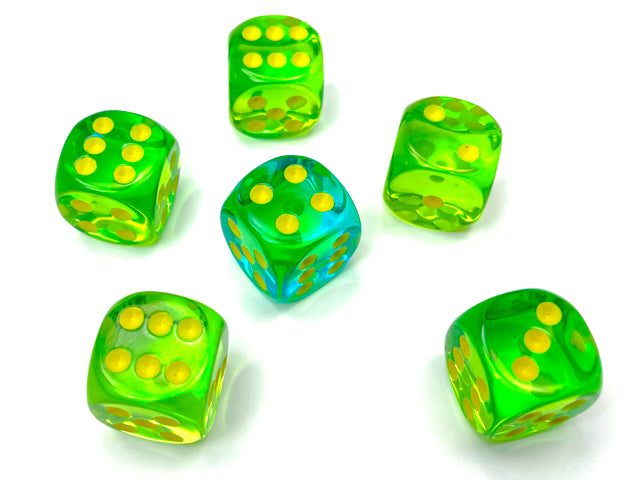 A close up of the Gemini Translucent Green-Teal with yellow 12mm d6 on a white background.