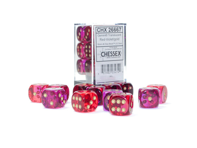 A set of Chessex Gemini translucent red-violet with gold 12mm dice displayed both in and out of packaging.