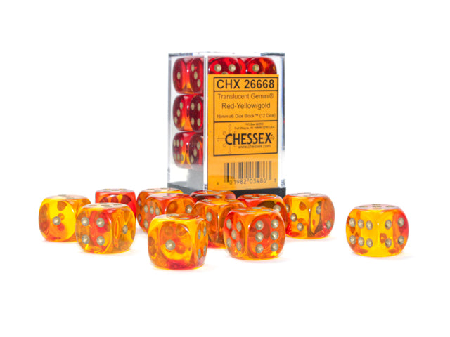 A set of Chessex Gemini 16mm dice in translucent red-yellow with gold, displayed both in and out of packaging.