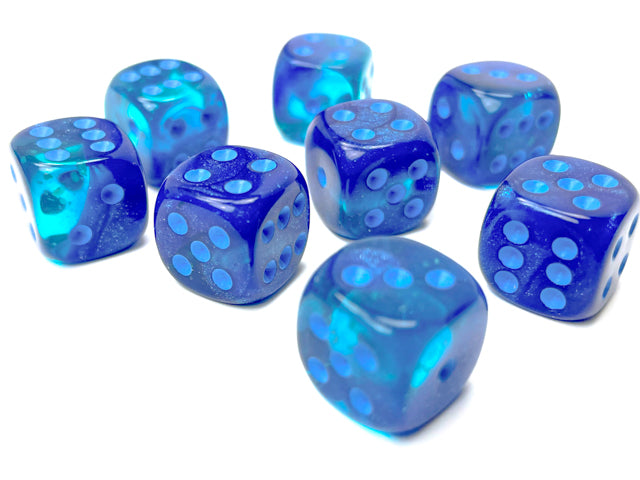 A close up of the Gemini Blue-Blue with light blue 12mm d6 set on a white background.