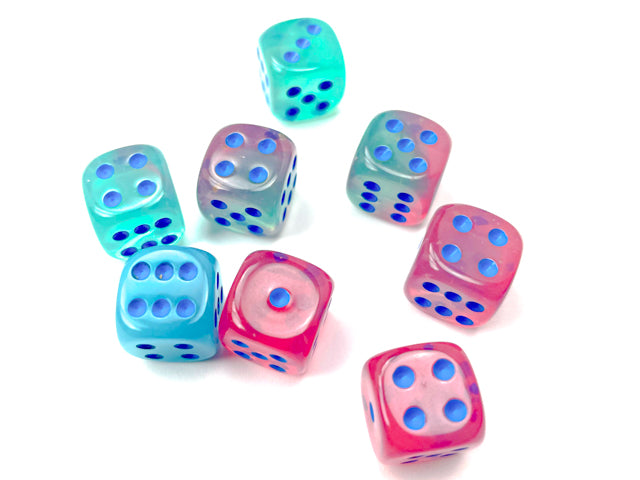 A close up of the Gemini Gel Green-Pink with blue 12mm d6 set on a white background.