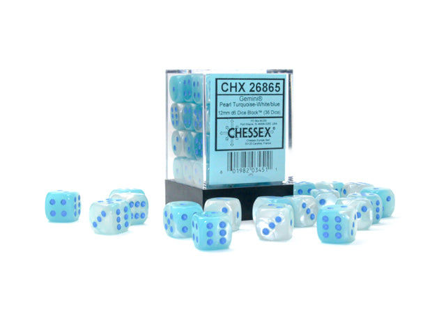 The Gemini Pearl Turquoise-White with blue 12mm d6 dice set on a white background. 