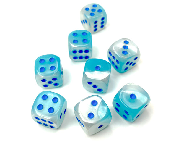 Close up of the Gemini Pearl Turquoise-White with blue 12mm d6 dice set on a white background. 