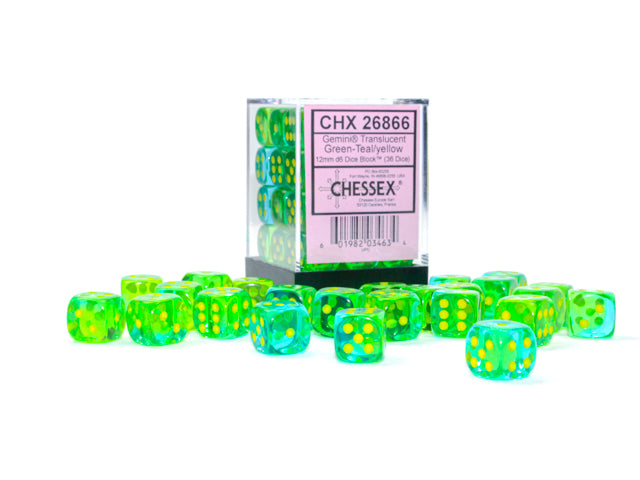 A set of the Gemini Translucent Green-Teal with yellow 12mm d6 displayed in and out of the packaging.
