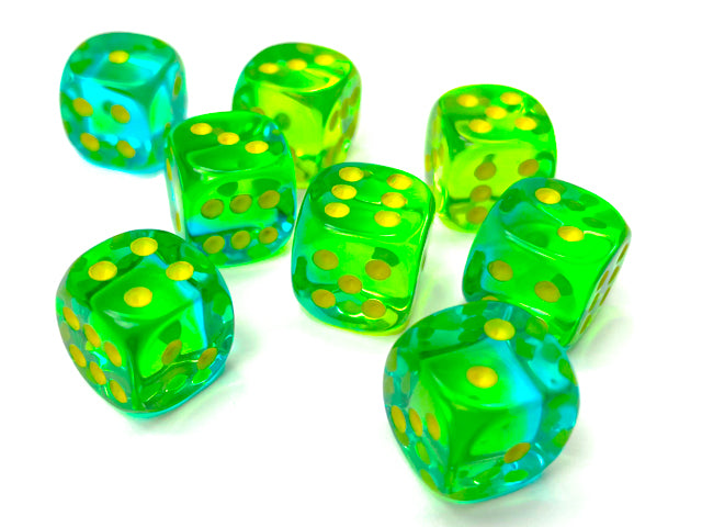 A close up of the Gemini Translucent Green-Teal with yellow 12mm d6 on a white background.
