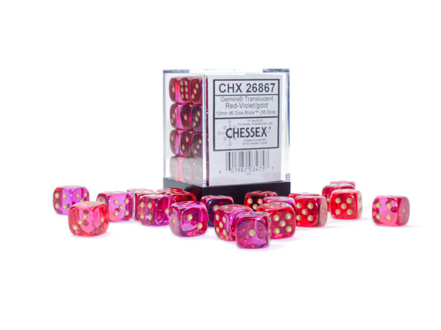 A set of Chessex Gemini translucent red-violet with gold 12mm dice displayed both in and out of packaging.