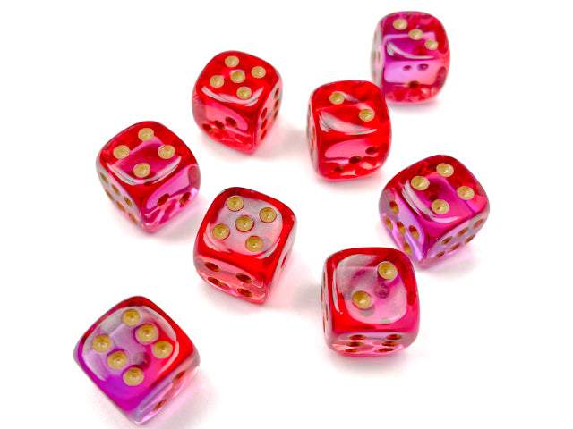 Gemini Translucent Red & Violet dice with gold ink, showing several d6s. 