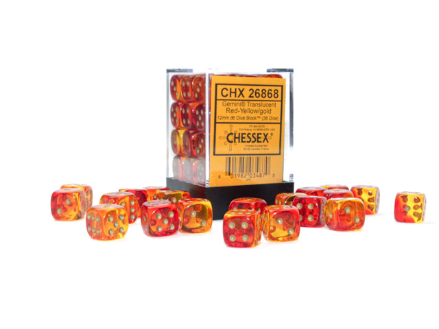A set of translucent red-yellow dice with gold accents displayed both in and out of a clear plastic tray.