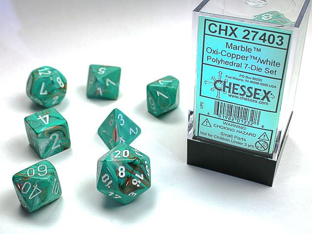 A close up of the Chessex Marble Oxi-Copper with white polyhedral dice set along with its' packaging.