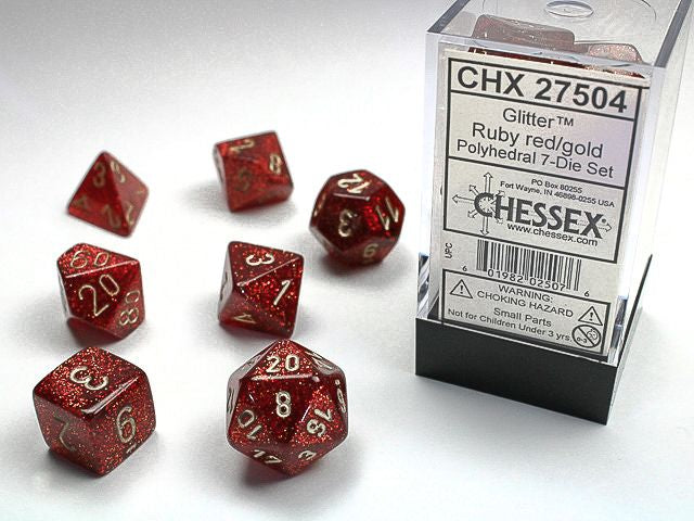 A close up of the Chessex Glitter Ruby Red with Gold polyhedral d6 dice set along with its' packaging.