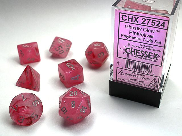 A close up of the Chessex Ghostly Glow Pink with Silver polyhedral dice set along with its' packaging.