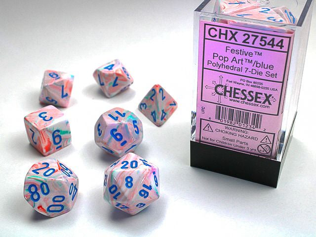 A close up of the Chessex Festive Pop Art with blue polyhedral dice set along with its' packaging.