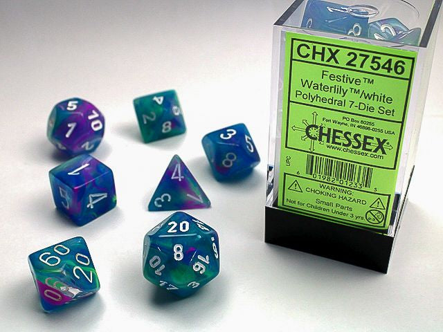 A close up of the Chessex Festive waterlily with white polyhedral set and its' packaging. 