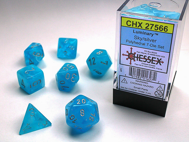 A close up of the Chessex Luminary Sky with Silver polyhedral set.