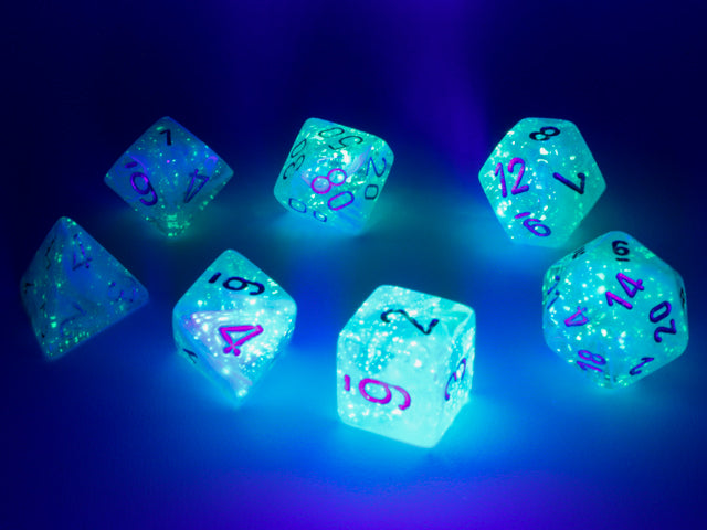 A close up of the Chessex Luminary Sky wth Silver polyhedral set under black light.