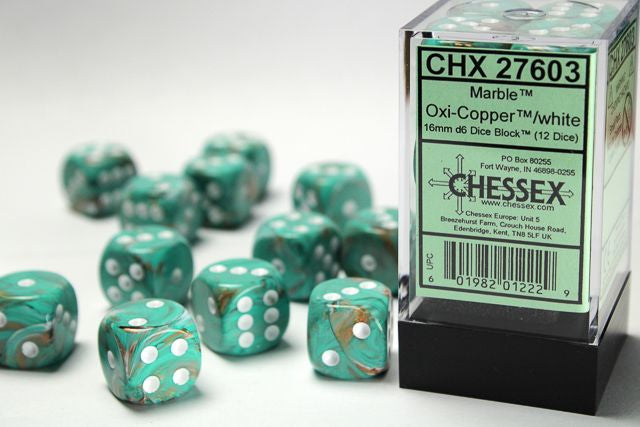 A close up of the Chessex Marble Oxi-Copper with white 16mm d6 dice set along with its' packaging.