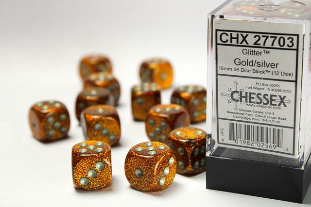 A close up of the Chessex Glitter Gold with Silver 16mm d6 dice set along with its' packaging.