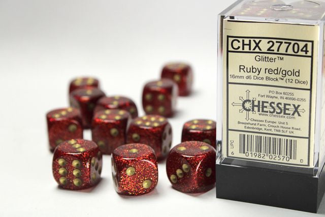 A close up of the Chessex Glitter Ruby Red with Gold 16mm d6 dice set along with its' packaging.