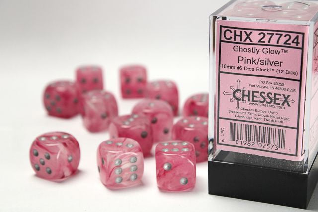 A close up of the Chessex Ghostly Glow Pink with Silver 16mm d6 dice along  with its' packaging.
