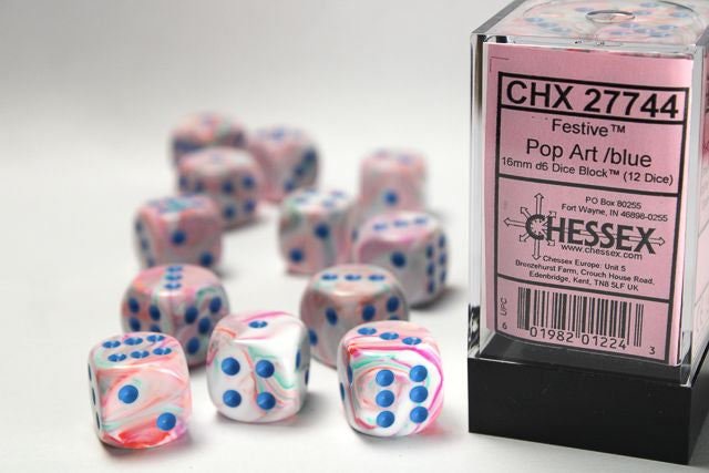 A close up of the Chessex Festive Pop Art with blue 16mm d6 dice set along with its' packaging.