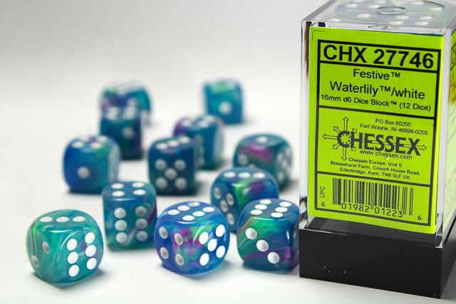A close up of the Chessex Festive waterlily with white 16mm d6 set and its' packaging. 