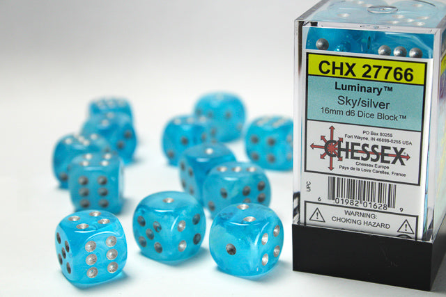 A close up of the Chessex Luminary Sky wth Silver 16mm d6 and its' packaging.