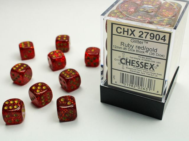 A close up of the Chessex Glitter Ruby Red with Gold 12mm d6 dice set along with its' packaging.