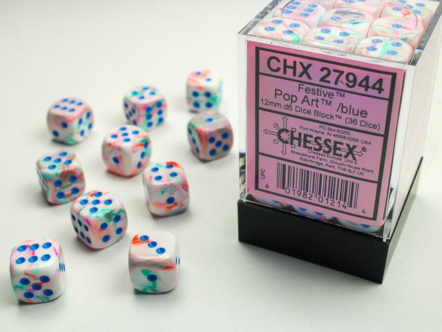 A close up of the Chessex Festive Pop Art with blue 12mm d6 dice set along with its' packaging.