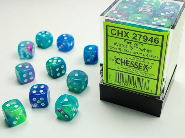 A close up of the Chessex Festive Waterlilly with white 12mm d6 set and its' packagin.