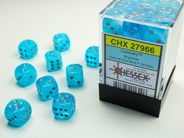 A close up of the Chessex Luminary Sky wth Silver 12mm d6 set and its' packaging.