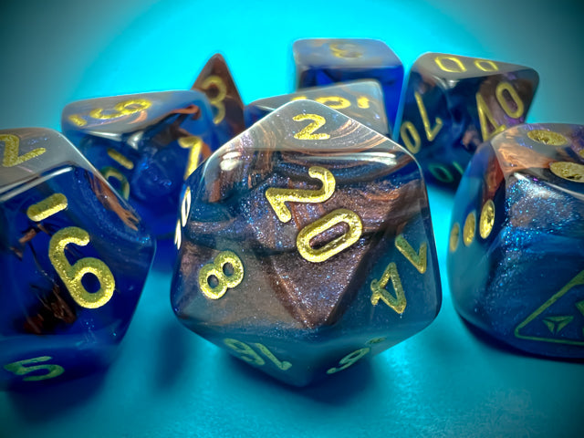 Lustrous Azurite polyhedral set, a full polyhedral set with an additional d6.
