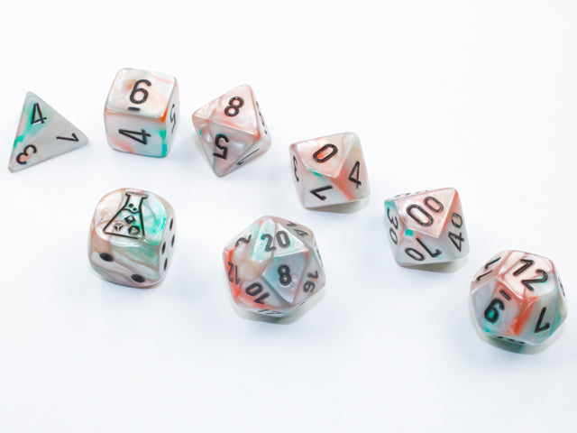Lustrous Sea Shell polyhedral set, showing off all dice in the set. 