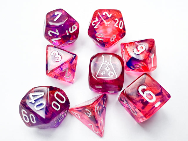 A set of polyhedral dice with white numbers on a pink and purple nebula background, including a bonus 6-sided pipped lab dice.