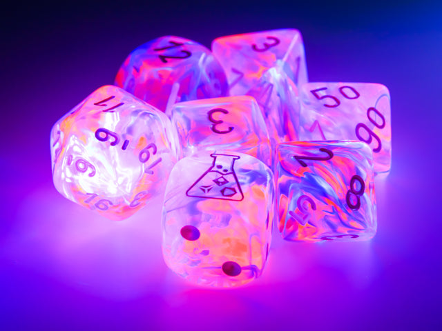 Picture of Black Light special polyhedral dice set, glowing under a black light. 
