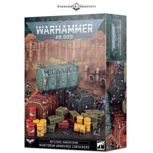 Product packaging for Warhammer 40,000 Battlezone Manufactorum Munitorum Armoured Containers, featuring illustrations of the terrain pieces including armoured containers, barrels, and supply crates.