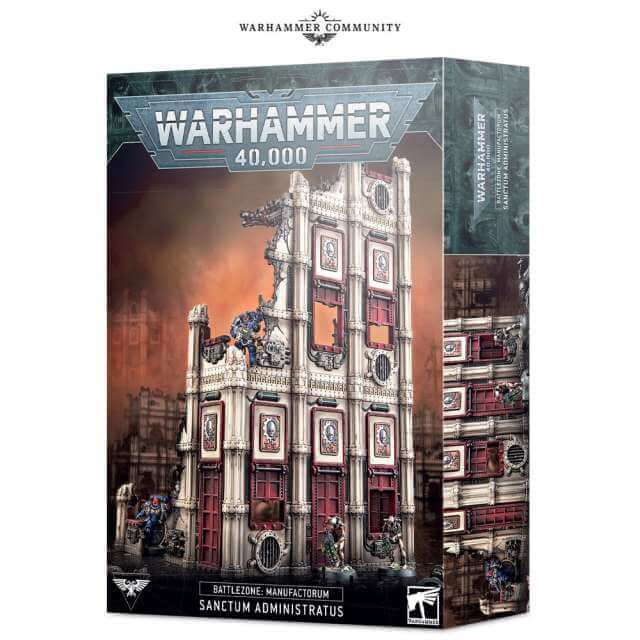 Product packaging for Warhammer 40,000 Battlezone Manufactorum Sanctum Administratus, featuring a detailed illustration of a futuristic administrative building.