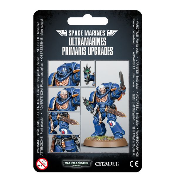 Packaging for the Space Marines Ultramarines Primaris Upgrades, showing models and bits. 