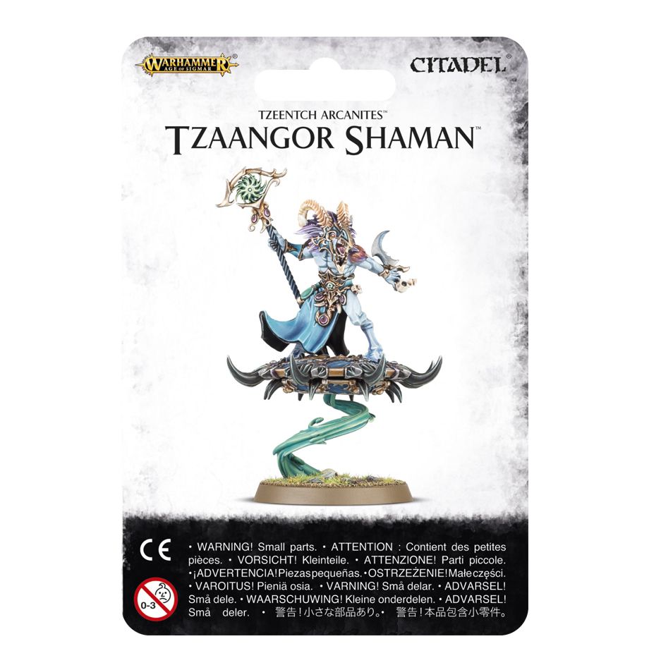 A product image featuring a Tzaangor Shaman miniature from the Disciples of Tzeentch, holding a ritual dagger and staff, assembled on a Citadel 40mm Round base.