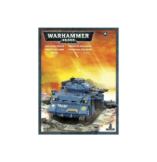 Packaging featuring a plastic model kit of the Space Marines Predator tank with a choice of turret and sponson weapons, from the Warhammer 40,000 series.