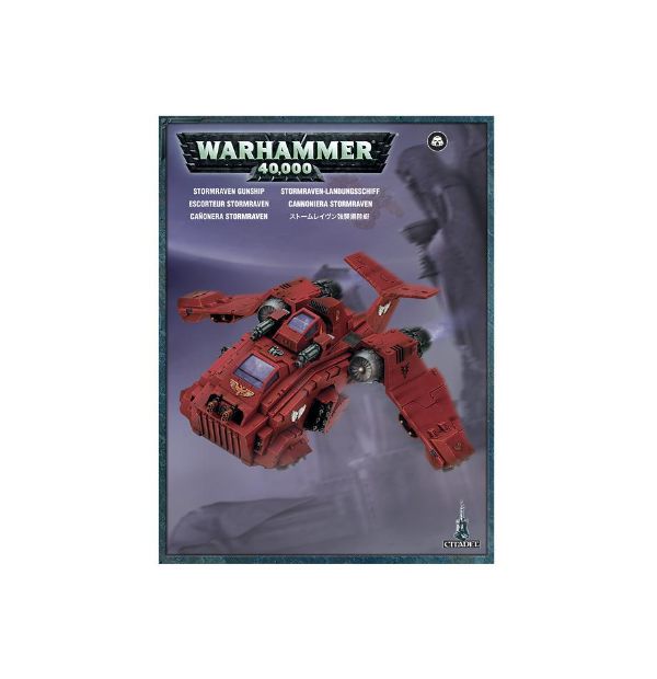 A product image featuring a Space Marines Stormraven Gunship model from the Warhammer 40,000 series. The kit is displayed with assembled components visible, including armaments and a clear cockpit window.