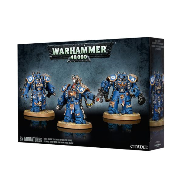 Boxed Warhammer 40,000 Space Marines Centurion Assault / Devastator Squad miniatures, featuring detailed blue and silver paintwork on the figures.