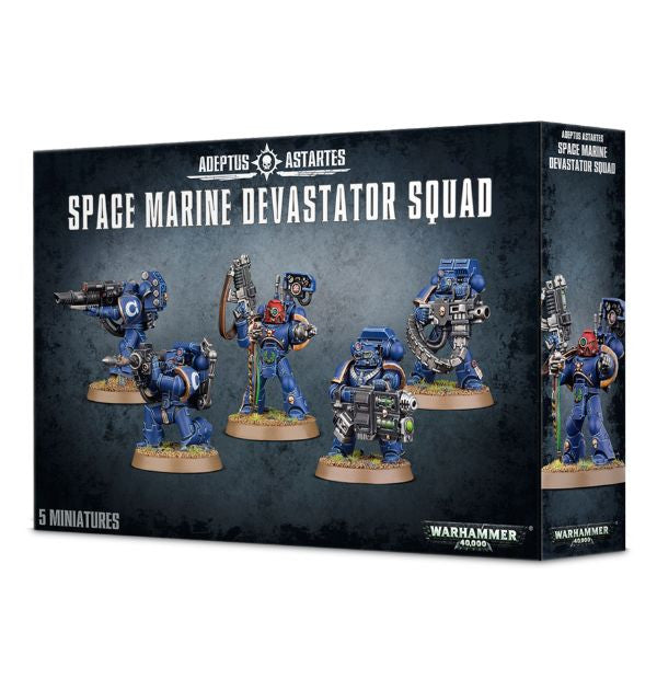 Boxed product packaging for Space Marine Devastator Squad miniatures, displaying the miniatures in various poses with heavy weapons.