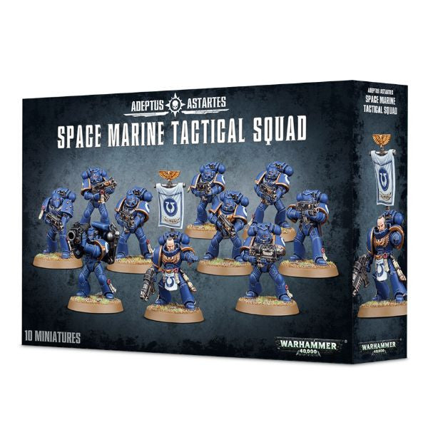 Boxed set of Space Marine Tactical Squad miniatures, featuring various Marine figures in blue and black armor with different poses and equipment, including helmets and weapons.