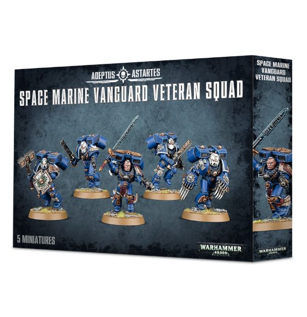 Product image of Space Marine Vanguard Veteran Squad miniature figures from Warhammer 40,000, showing five Space Marine soldiers in blue armor with various weapons and poses.