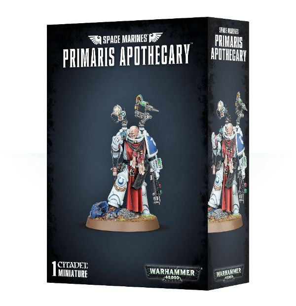 Packaging for Space Marines Primaris Apothecary miniature, featuring the assembled and painted model on the box art.